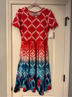 Lularoe Amelia Dress Large NWT Red Blue Geometric Ombre Dipped Fit Flare Unicorn